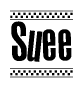 The image is a black and white clipart of the text Suee in a bold, italicized font. The text is bordered by a dotted line on the top and bottom, and there are checkered flags positioned at both ends of the text, usually associated with racing or finishing lines.