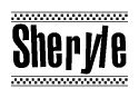 The image contains the text Sheryle in a bold, stylized font, with a checkered flag pattern bordering the top and bottom of the text.