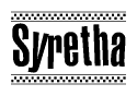 The clipart image displays the text Syretha in a bold, stylized font. It is enclosed in a rectangular border with a checkerboard pattern running below and above the text, similar to a finish line in racing. 