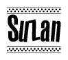 The clipart image displays the text Suzan in a bold, stylized font. It is enclosed in a rectangular border with a checkerboard pattern running below and above the text, similar to a finish line in racing. 