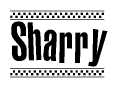 The image contains the text Sharry in a bold, stylized font, with a checkered flag pattern bordering the top and bottom of the text.