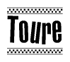 The image contains the text Toure in a bold, stylized font, with a checkered flag pattern bordering the top and bottom of the text.