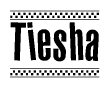 The image is a black and white clipart of the text Tiesha in a bold, italicized font. The text is bordered by a dotted line on the top and bottom, and there are checkered flags positioned at both ends of the text, usually associated with racing or finishing lines.
