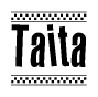 The image contains the text Taita in a bold, stylized font, with a checkered flag pattern bordering the top and bottom of the text.