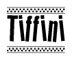 The image contains the text Tiffini in a bold, stylized font, with a checkered flag pattern bordering the top and bottom of the text.