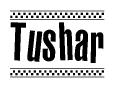 The image contains the text Tushar in a bold, stylized font, with a checkered flag pattern bordering the top and bottom of the text.