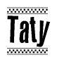 The image is a black and white clipart of the text Taty in a bold, italicized font. The text is bordered by a dotted line on the top and bottom, and there are checkered flags positioned at both ends of the text, usually associated with racing or finishing lines.
