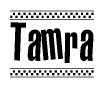 The clipart image displays the text Tamra in a bold, stylized font. It is enclosed in a rectangular border with a checkerboard pattern running below and above the text, similar to a finish line in racing. 