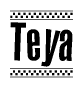 The image contains the text Teya in a bold, stylized font, with a checkered flag pattern bordering the top and bottom of the text.