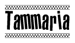 The image is a black and white clipart of the text Tammaria in a bold, italicized font. The text is bordered by a dotted line on the top and bottom, and there are checkered flags positioned at both ends of the text, usually associated with racing or finishing lines.