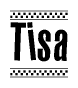 The image is a black and white clipart of the text Tisa in a bold, italicized font. The text is bordered by a dotted line on the top and bottom, and there are checkered flags positioned at both ends of the text, usually associated with racing or finishing lines.