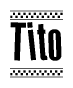 The image is a black and white clipart of the text Tito in a bold, italicized font. The text is bordered by a dotted line on the top and bottom, and there are checkered flags positioned at both ends of the text, usually associated with racing or finishing lines.