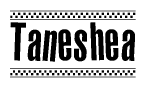 The image contains the text Taneshea in a bold, stylized font, with a checkered flag pattern bordering the top and bottom of the text.