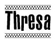 The image contains the text Thresa in a bold, stylized font, with a checkered flag pattern bordering the top and bottom of the text.