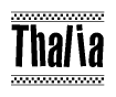 The image contains the text Thalia in a bold, stylized font, with a checkered flag pattern bordering the top and bottom of the text.