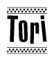 The image is a black and white clipart of the text Tori in a bold, italicized font. The text is bordered by a dotted line on the top and bottom, and there are checkered flags positioned at both ends of the text, usually associated with racing or finishing lines.