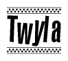 The clipart image displays the text Twyla in a bold, stylized font. It is enclosed in a rectangular border with a checkerboard pattern running below and above the text, similar to a finish line in racing. 