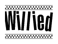 The image is a black and white clipart of the text Willied in a bold, italicized font. The text is bordered by a dotted line on the top and bottom, and there are checkered flags positioned at both ends of the text, usually associated with racing or finishing lines.