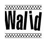 The image is a black and white clipart of the text Walid in a bold, italicized font. The text is bordered by a dotted line on the top and bottom, and there are checkered flags positioned at both ends of the text, usually associated with racing or finishing lines.