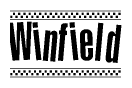 The clipart image displays the text Winfield in a bold, stylized font. It is enclosed in a rectangular border with a checkerboard pattern running below and above the text, similar to a finish line in racing. 