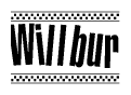 The image is a black and white clipart of the text Willbur in a bold, italicized font. The text is bordered by a dotted line on the top and bottom, and there are checkered flags positioned at both ends of the text, usually associated with racing or finishing lines.