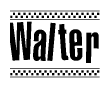The image is a black and white clipart of the text Walter in a bold, italicized font. The text is bordered by a dotted line on the top and bottom, and there are checkered flags positioned at both ends of the text, usually associated with racing or finishing lines.