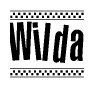The image contains the text Wilda in a bold, stylized font, with a checkered flag pattern bordering the top and bottom of the text.