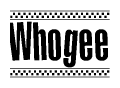 The image contains the text Whogee in a bold, stylized font, with a checkered flag pattern bordering the top and bottom of the text.