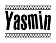 The image is a black and white clipart of the text Yasmin in a bold, italicized font. The text is bordered by a dotted line on the top and bottom, and there are checkered flags positioned at both ends of the text, usually associated with racing or finishing lines.