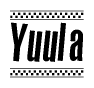 The image is a black and white clipart of the text Yuula in a bold, italicized font. The text is bordered by a dotted line on the top and bottom, and there are checkered flags positioned at both ends of the text, usually associated with racing or finishing lines.