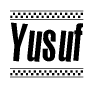 The image contains the text Yusuf in a bold, stylized font, with a checkered flag pattern bordering the top and bottom of the text.