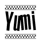 The image is a black and white clipart of the text Yumi in a bold, italicized font. The text is bordered by a dotted line on the top and bottom, and there are checkered flags positioned at both ends of the text, usually associated with racing or finishing lines.
