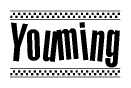 The image is a black and white clipart of the text Youming in a bold, italicized font. The text is bordered by a dotted line on the top and bottom, and there are checkered flags positioned at both ends of the text, usually associated with racing or finishing lines.