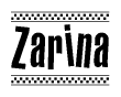 The image contains the text Zarina in a bold, stylized font, with a checkered flag pattern bordering the top and bottom of the text.
