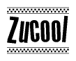 The image is a black and white clipart of the text Zucool in a bold, italicized font. The text is bordered by a dotted line on the top and bottom, and there are checkered flags positioned at both ends of the text, usually associated with racing or finishing lines.