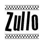 The image is a black and white clipart of the text Zullo in a bold, italicized font. The text is bordered by a dotted line on the top and bottom, and there are checkered flags positioned at both ends of the text, usually associated with racing or finishing lines.
