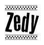 The image contains the text Zedy in a bold, stylized font, with a checkered flag pattern bordering the top and bottom of the text.