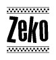 The image contains the text Zeko in a bold, stylized font, with a checkered flag pattern bordering the top and bottom of the text.