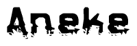 This nametag says Aneke, and has a static looking effect at the bottom of the words. The words are in a stylized font.