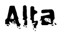 This nametag says Alta, and has a static looking effect at the bottom of the words. The words are in a stylized font.
