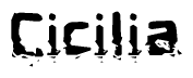 This nametag says Cicilia, and has a static looking effect at the bottom of the words. The words are in a stylized font.