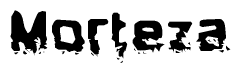 This nametag says Morteza, and has a static looking effect at the bottom of the words. The words are in a stylized font.
