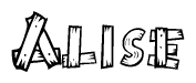 The image contains the name Alise written in a decorative, stylized font with a hand-drawn appearance. The lines are made up of what appears to be planks of wood, which are nailed together