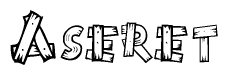 The clipart image shows the name Aseret stylized to look as if it has been constructed out of wooden planks or logs. Each letter is designed to resemble pieces of wood.