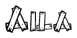 The image contains the name Aila written in a decorative, stylized font with a hand-drawn appearance. The lines are made up of what appears to be planks of wood, which are nailed together