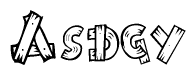The image contains the name Asdgy written in a decorative, stylized font with a hand-drawn appearance. The lines are made up of what appears to be planks of wood, which are nailed together