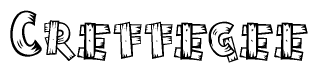 The image contains the name Creffegee written in a decorative, stylized font with a hand-drawn appearance. The lines are made up of what appears to be planks of wood, which are nailed together