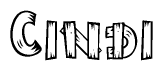 The image contains the name Cindi written in a decorative, stylized font with a hand-drawn appearance. The lines are made up of what appears to be planks of wood, which are nailed together