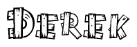 The image contains the name Derek written in a decorative, stylized font with a hand-drawn appearance. The lines are made up of what appears to be planks of wood, which are nailed together