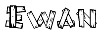The clipart image shows the name Ewan stylized to look as if it has been constructed out of wooden planks or logs. Each letter is designed to resemble pieces of wood.